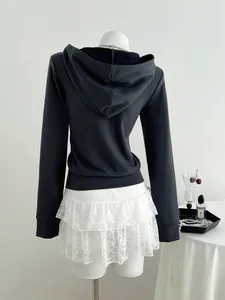 Back view of a casual dark gray zip-up hoodie with a structured hood on a mannequin.
