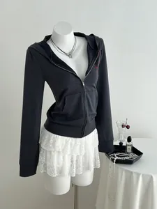 Casual long sleeve zip-up hooded sweatshirt with red graphic print on mannequin