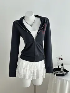 Casual dark grey zip-up hooded sweatshirt for women with red graphic print on mannequin