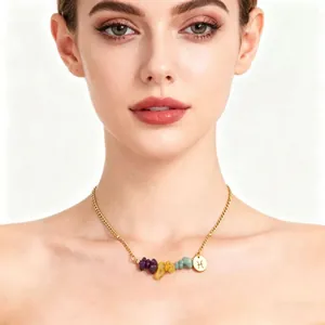 Gold plated stainless steel zodiac necklace with natural crystal stones on a female model