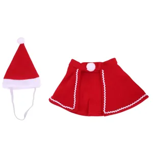 Red Christmas pet cape and hat set with white wavy trim for small dogs and cats