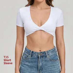 Camiseta de Yoga para Mujer Nylon Spandex Nudo Retorcido Cuello en V Crop Top Atlético Ajustado Secado Rápido Manga Corta Fitness