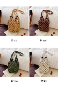 Stylish handmade crochet net handbags shown in khaki, brown, green, and white colors.