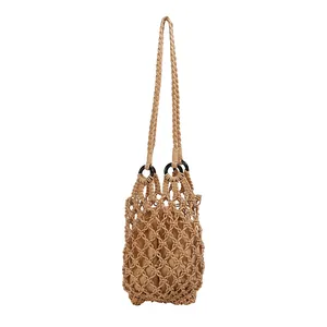 Elegant retro beige handmade macrame mesh hollow shoulder bag for women with inner pouch