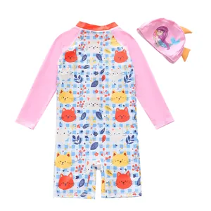 Detailed view of girls' long-sleeve cartoon cat swimsuit set with matching mermaid cap