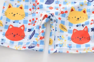 Close-up of girls' swimsuit featuring cartoon cat pattern and blue checkered print.