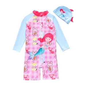 Detailed view of the cute mermaid and rabbit print on a girls one-piece swimsuit