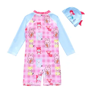 Detailed view of kids' long-sleeve one-piece swimsuit with cartoon animal prints