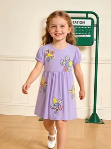 Mädchen Sommer Lavendel Baumwolle Kurzarm Prinzessinnenkleid Patchwork Blumenstickerei Süße Kinder Party A-Linie Kleid