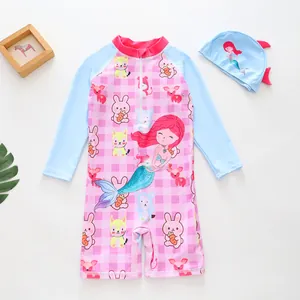 Girls' one-piece long sleeve swimsuit set with cute cartoon mermaid print and swim cap.