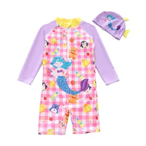 Detailed view of kids' cartoon mermaid one-piece swimsuit with front zipper and cap