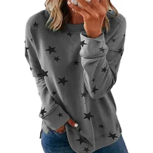 Lässiges graues Damen Langarm-Sweatshirt in Übergröße mit modischem schwarzem Sternenmuster
