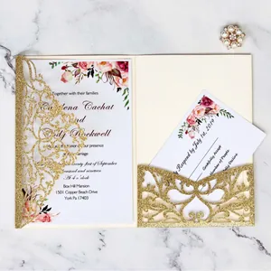 European Style Laser Cut Glitter Paper Wedding Invitations With RSVP Cards And Envelopes For Marriage Banquet Party Decoration