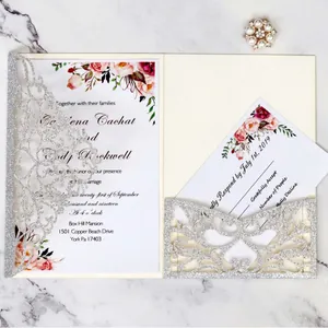 Silver glitter laser-cut wedding invitation set with floral inner cards and RSVP