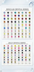 Detailed color chart for imitation crystal flatback rhinestones in regular and jelly series