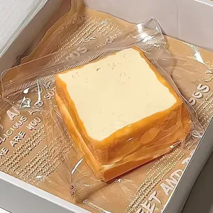 Detailed view of toast-shaped silicone squishy toy in protective plastic packaging