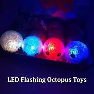 Soft glowing LED octopus squeezing stress relief toy set in vibrant neon colors