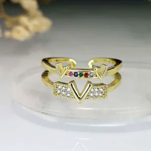 Luxury Gold V Letter Adjustable Ring For Women Micro Pave Rainbow Zirconia Copper Ring Fashion Light Luxury Style Finger Jewelry