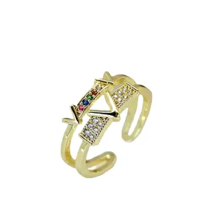 Luxury gold plated V-letter ring featuring colorful zircon stones and adjustable open band