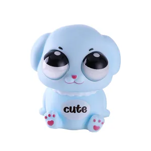 Giocattolo antistress a forma di cane azzurro squishy con occhi sporgenti e logo carino