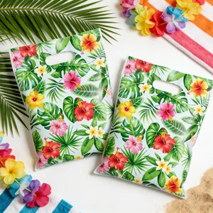 Tropical hibiscus floral plastic gift bags with handles for summer beach parties