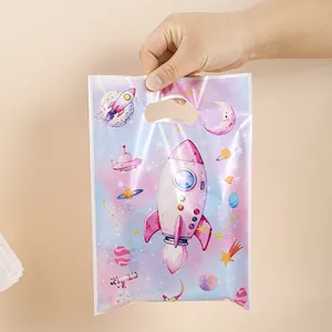 Cute space rocket printed pearlescent film gift bag for children's birthday parties