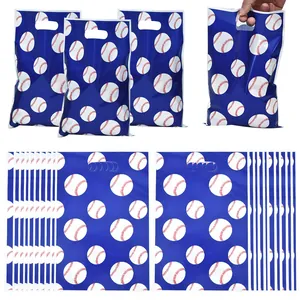 Set of blue baseball print pearl film plastic gift bags for sports themed birthday party favors