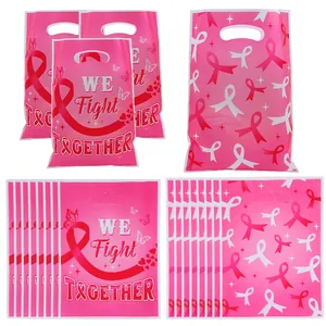 Pink ribbon print plastic gift bags with handles for breast cancer awareness parties