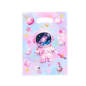 Colorful space astronaut themed gift bag with a glossy pearlescent finish for kids parties