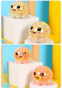 Close-up of LED octopus stress balls filled with colorful multi-colored foam beads