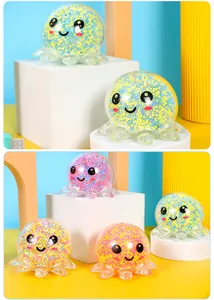 Detailed view of glowing octopus squeeze toys with vibrant colorful foam bead filling.