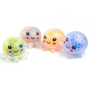 Set of 4 glowing squishy octopus toys with colorful foam beads for stress relief
