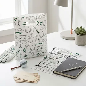 Golf themed gift bag with terminology tag in a professional office setting