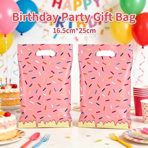 Donut Theme Printed Pink Plastic Gift Bags For Kids Birthday Party Favors Candy Cookie Treat Bags With Die Cut Handle