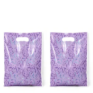 Detailed texture of purple laser lightning pattern on plastic gift bags with punched handles