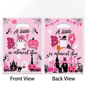 Front and back view of pink Halloween gift bags featuring ghost and pumpkin cartoon prints