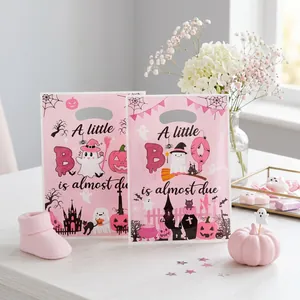 Pink Halloween baby shower gift bags with ghost and pumpkin print 'A little BOO is almost due'