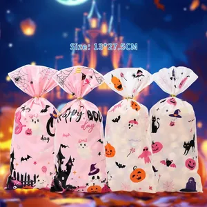 Halloween Candy Bags Ghost Pumpkin Print OPP Gift Bags With Golden Ties For Halloween Party Favors Biscuit Packaging