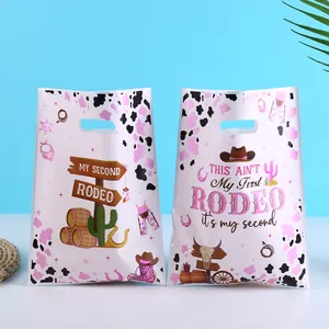 Sacs cadeaux en plastique thème cow-boy imprimé vache rose pour fête d'anniversaire