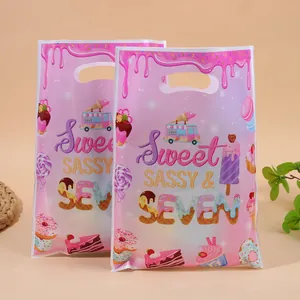 Colorful donut party favor bags with Sweet SASSY & SEVEN theme for candy packaging