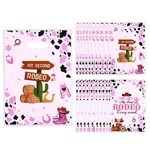 Lot de sacs cadeaux en plastique imprimé vache rose pour anniversaire My Second Rodeo