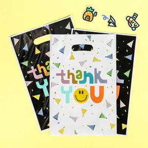 Festive Thank You gift bags with colorful smiley face print and party hat patterns