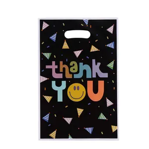 Black festive plastic gift bag with colorful Thank You text and smiley face print