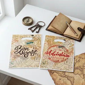 Vintage travel-themed gift bags featuring postal stamps and Bon Voyage typography