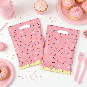 Pink donut frosting print plastic gift bags with handles for birthday party candy treats