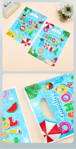 Close-up detail of plastic pool party gift bag with 'Goodbye School' theme print