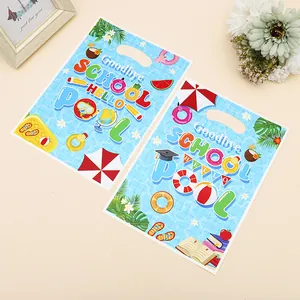 Festive summer pool party graduation gift bags with Goodbye School Hello Pool design