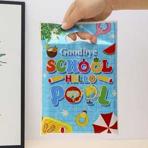 Goodbye School Hello Pool themed blue plastic gift bag for kids summer pool party favors