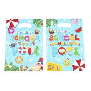 Summer theme gift bags with Goodbye School and Hello Pool colorful graphic designs