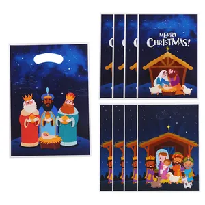 Set of Christmas plastic gift bags featuring Three Wise Men and Nativity scene illustrations